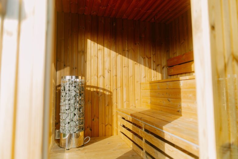 Sauna interior with wooden benches at Bohemian Homes, Bohemian Switzerland, Czech Republic.