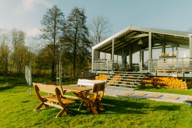 Outdoor seating area at Bohemian Homes, Bohemian Switzerland, Czech Republic.