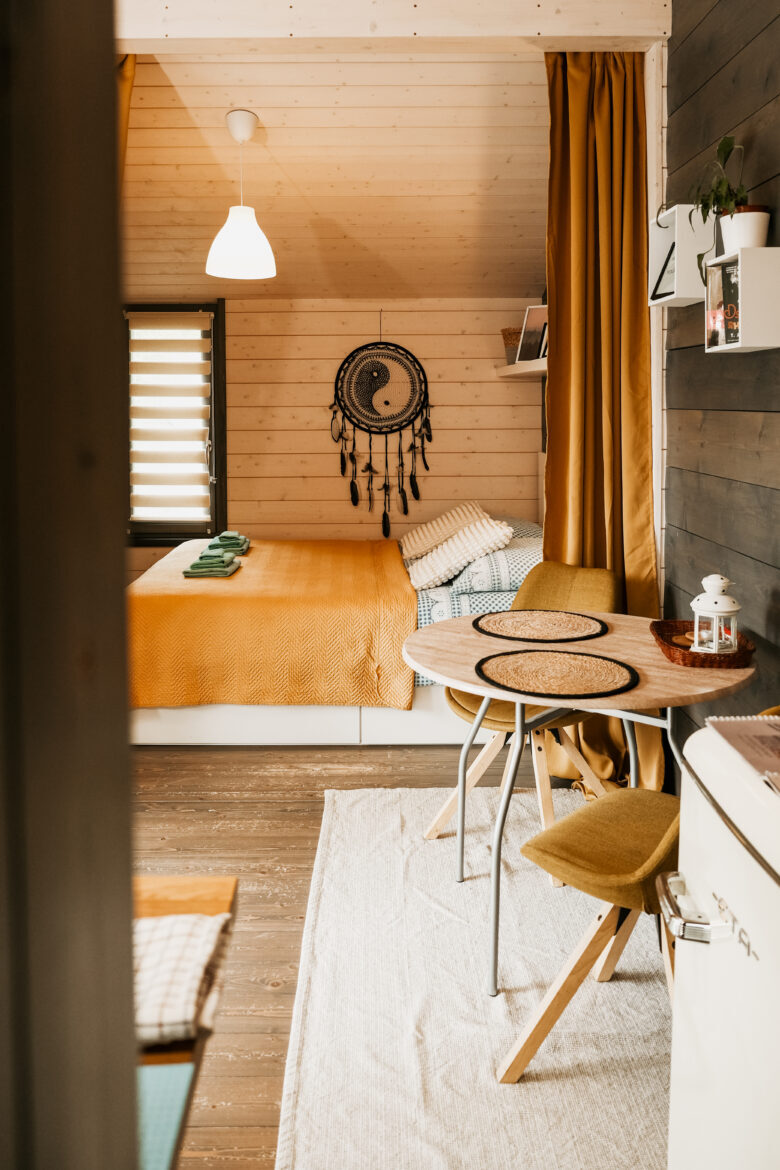 Cozy interior of a cabin at Bohemian Homes, Bohemian Switzerland, Czech Republic.